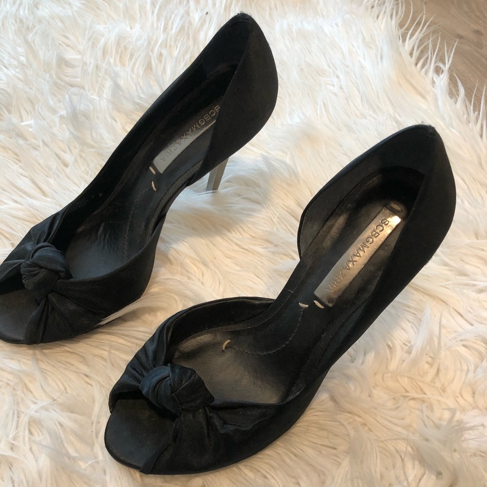 Black satin peep toe pumps